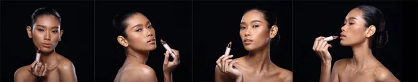 Collage Grupo Hermosa Bronceada Piel Limpia Mujer Envuelto Pelo Negro —  Fotos de Stock