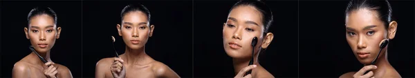 Collage Group of Beautiful tanned Clean Skin Woman wrapped black hair with nice pose open shoulder smile, Black background copy space, Asian Girls with fashion eye face love heart present makeup Brush
