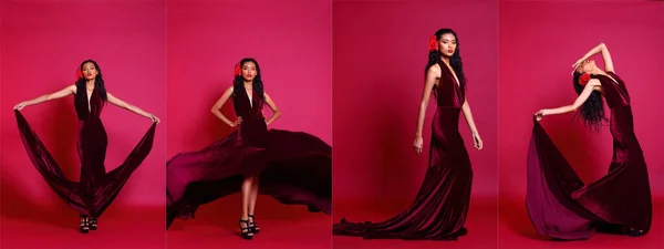 Red Velvet Sexy Evening Gown Ball Jurk Aziatisch Mooi Gebruinde — Stockfoto