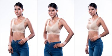 Kolaj grubu, Asyalı ince spor kadının portresi ısınan vücut kasları çalıştırıyor spor sutyeni giyiyor ve kot pantolon giyiyor, konsept kadın sporcu sağlıklı spor yapıyor.