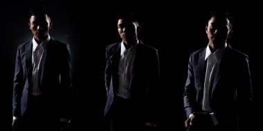 Group Pack Collage of Portrait 20s Asian Business Man under studio lighting low exposure backlit silhouette dark background, Male in Proper Gray Suit pose many action in Shadow clipart
