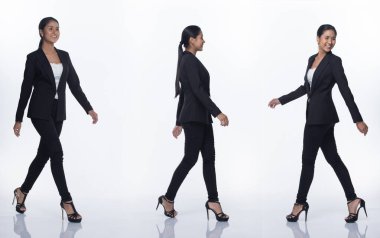 Tam Uzunluk Çıtçıtçıtçıtçıtçıtlı, Asyalı İş Kadını Siyah takım elbise ve ayakkabılar içinde, stüdyo ışıkları beyaz arka plan, Avukat Patronu gibi poz veren gülümseyen yüksek topuklu ayakkabılar