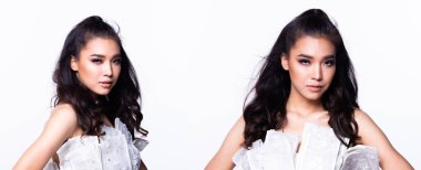 Fashion Asian Woman 'ın kolaj grubu portresi ten rengi siyah kıvırcık saçlı güzel yüksek moda beyaz elbise topuklu ayakkabılar. Stüdyo Işıklandırma beyaz Arkaplan izole edilmiş kopya alanı metin logosu