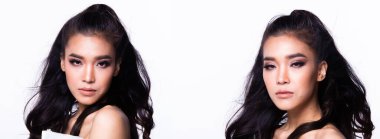 Fashion Asian Woman 'ın kolaj grubu portresi ten rengi siyah kıvırcık saçlı güzel yüksek moda beyaz elbise topuklu ayakkabılar. Stüdyo Işıklandırma beyaz Arkaplan izole edilmiş kopya alanı metin logosu