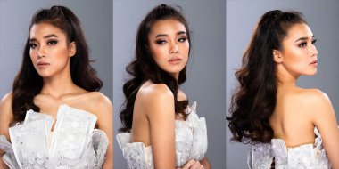 Fashion Asian Woman 'ın kolaj grubu portresi ten rengi siyah kıvırcık saçlı güzel yüksek moda beyaz elbise topuklu ayakkabılar. Stüdyo Işıklandırma Gri Arkaplan izole edilmiş metin logosu