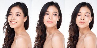 Collage Group of Fashion Genç, sıska Asyalı kadın siyah kıvırcık saçlı güzel makyajlı, gülümseyen pembe rujla poz veren güzel bir poz. Stüdyo Işıklandırma beyaz Arkaplan tecrit edilmiş telif alanı