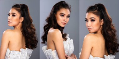 Fashion Asian Woman 'ın kolaj grubu portresi ten rengi siyah kıvırcık saçlı güzel yüksek moda beyaz elbise topuklu ayakkabılar. Stüdyo Işıklandırma Gri Arkaplan izole edilmiş metin logosu