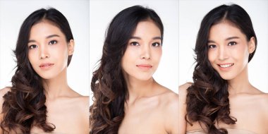 Collage Group of Fashion Genç, sıska Asyalı kadın siyah kıvırcık saçlı güzel makyajlı, gülümseyen pembe rujla poz veren güzel bir poz. Stüdyo Işıklandırma beyaz Arkaplan tecrit edilmiş telif alanı