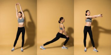 Asyalı Slim Fitness Kadını ısınma egzersizi kollarını esnetme, stüdyo sarı bej arkaplan arka plan gölge fotokopi alanı, konsept Kadın Sporcu Yapabilir 6 paket spor paketi