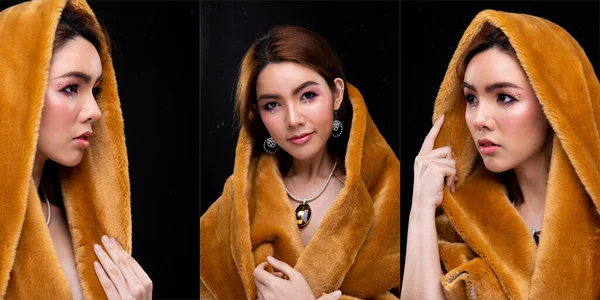 크리스탈 목걸이를 아름다운 아시아 여성의 머리를 스튜디오에 배경을 밝히는 콜라주 — 스톡 사진