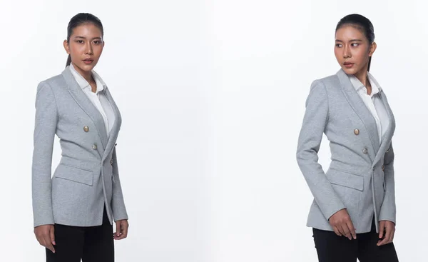 Portrait Demi Corps Snap Figure Asiatique Business Femme Stand Gris — Photo