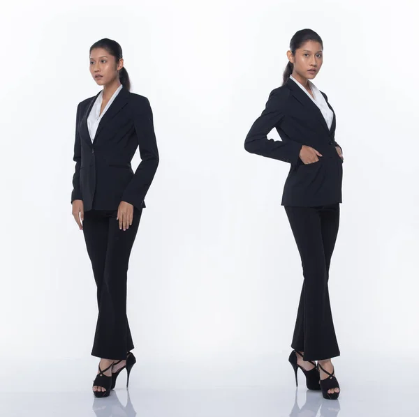 フル長さスナップ図のコラージュグループパック アジアのビジネス女性黒のスタンド正式なスーツパンツや靴 スタジオ照明白の背景孤立 弁護士ボスポーズ笑顔スマートな外観 — ストック写真
