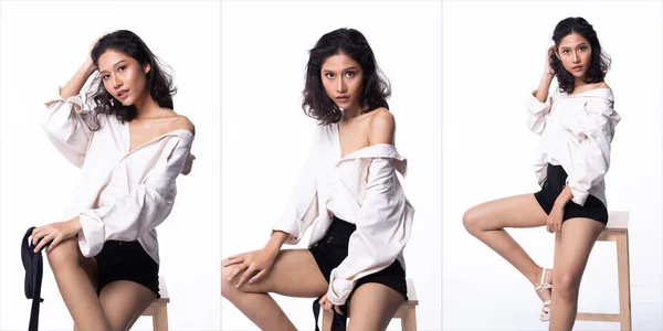 Asiático Jovem Mulher Camisa Branca Sentar Banquinho Madeira Olhar Para — Fotografia de Stock