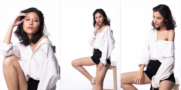 Asiático Jovem Mulher Camisa Branca Sentar Banquinho Madeira Olhar Para — Fotografia de Stock