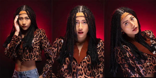 Grupa Collage Portret Mody Asian Woman Piękne Dredy Czarny Styl — Zdjęcie stockowe
