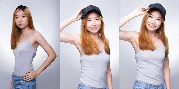 Collage Group Pack of Young Teenager Asian Woman blonde color dying hair gray shirt pose with smile face and arms in good mood optimistic wear hat. Studio Lighting white Background isolated