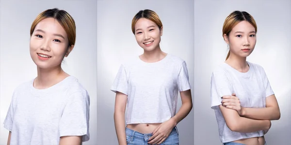 아시아 여성이 셔츠를 기분좋고 낙관적 표정을 백색광을 스튜디오 — 스톡 사진
