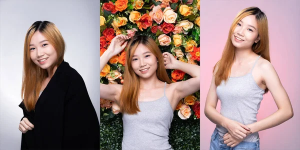 Collage Group Pack of Young Teenager Asian Woman blonde color dying hair gray shirt pose with smile face and arms in good mood optimistic. Studio Lighting white, flower, pink Background isolated