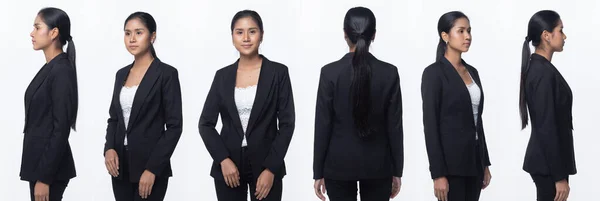 Portrait half body Snap Figure, Asian Business Woman Stand in black Formal proper Suit pants, studio lighting white background isolated, Lawyer Boss act posing smile smart look fashion sign