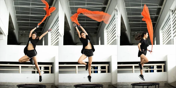 Asian Jumping Girl model jumps on a trampoline and throws Red scarf in the Air with Posing Hands and Legs for Photo Shoot, set scene at Car parking garage in window light, collage group pack