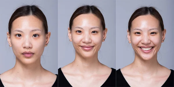 Collage Group Pack Mujer Asiática Antes Aplicar Maquillaje Estilo Pelo — Foto de Stock