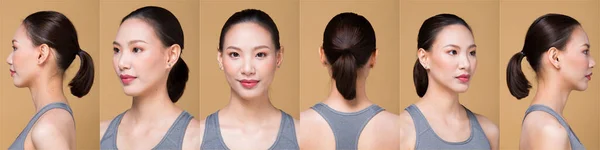 Collage Group Pack Asian Woman Applying Make Wrapped Hair Style — Stock Photo, Image