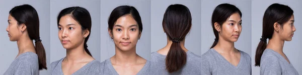 Collage Group Pack Asian Woman Applying Make Hair Style Retouch — Stock Photo, Image