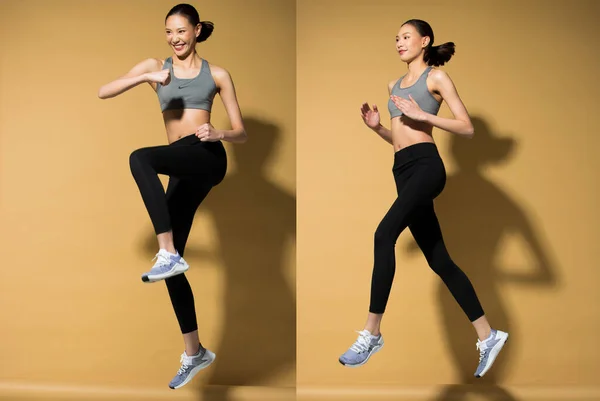 Asiático Magro Fitness Mulher Exercício Aquecimento Estiramento Primavera Saltos Pernas — Fotografia de Stock