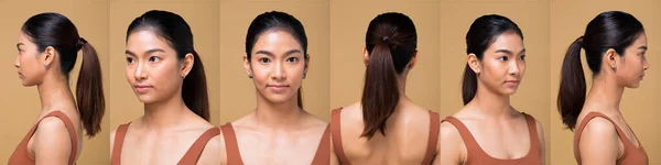Collage group pack Asian Woman after applying make up wrapped hair style. no retouch, fresh face with acne, lips, eyes, cheek, nice smooth skin. Studio lighting yellow beige mustard background