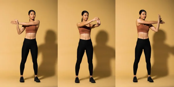 亚洲身材纤细的女子锻炼身体热身伸展胳膊腿 工作室点亮黄色米黄色芥末背景影印空间 概念女子可以做运动员运动6包 — 图库照片
