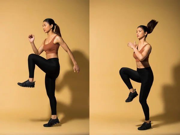 Asian Slim Fitness Kobieta Ćwiczenia Rozgrzewka Rozciągnąć Ramiona Nogi Studio — Zdjęcie stockowe