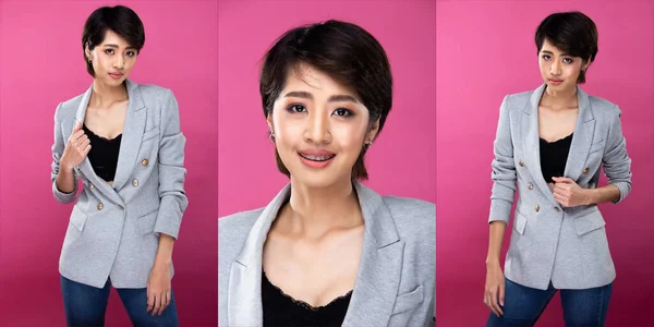 아시아 여성의 콜라주 사진들은 정장을 자신감 얼굴을 스튜디오에서는 배경을 조명하고 — 스톡 사진