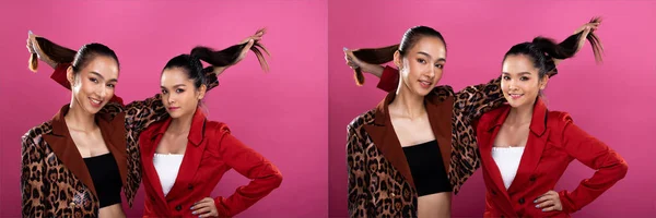 Colagem Pacote Grupo Retrato Duas Mulheres Negócios Asiáticas Usa Vermelho — Fotografia de Stock