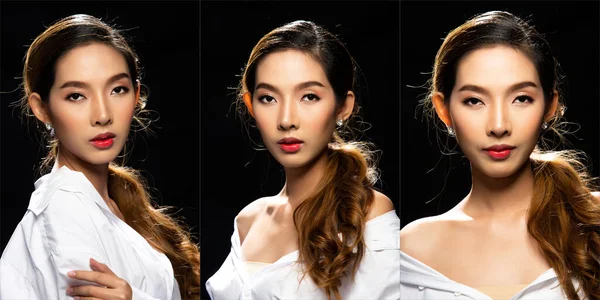 Collage Portrait of Asian Woman with smile emotion and show many face angle, girl with fashion make up and hair wear white shirt, studio lighting black background