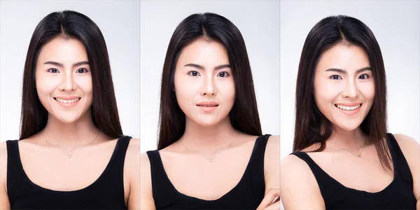 아시아 여성들로 구성된 콜라주 그룹은 머리를 가지고 기분좋고 낙관적 자세를 — 스톡 사진