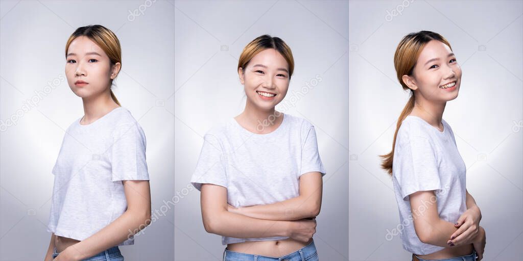 Collage Group Pack of Young Teenager Asian Woman blonde color dying hair gray shirt pose with smile face and arms in good mood enthusiasm and optimistic. Studio Lighting white Background isolated