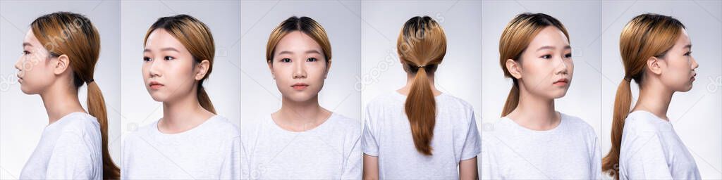 Collage Group Pack of Young Teenager Asian Woman blonde color dying hair gray shirt pose with smile face and arms in good mood enthusiasm and optimistic. Studio Lighting white Background isolated