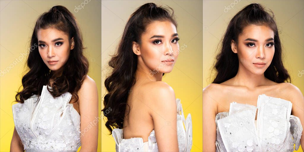 Collage group pack portrait of Fashion Asian Woman Tan skin black curl hair beautiful high fashion white gown dress high heel shoes. Studio Lighting yellow Background isolated copy space text logo
