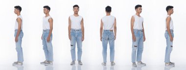 Asyalı Gençler 'den oluşan kolaj grubu birçok oyuncunun vücut hareketlerini tam boy olarak ifade ediyor. Stüdyo ışıklandırması beyaz arka plan izole edildi. Arka arka görünüm 360