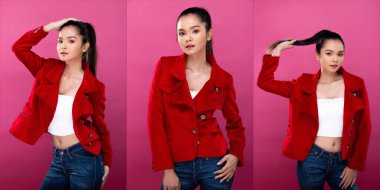 Asyalı İş kadınının kolaj grubu portresi kırmızı formalı Blazzer ceket giyiyor, kendine güveni tam, stüdyo ışıkları pembe arka planda, avukat patron kılığına girmiş akıllı gülüşü var.