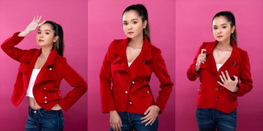 Asyalı İş kadınının kolaj grubu portresi kırmızı formalı Blazzer ceket giyiyor, kendine güveni tam, stüdyo ışıkları pembe arka planda, avukat patron kılığına girmiş akıllı gülüşü var.