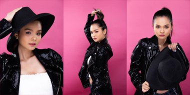 Collage Group of Fashion Young Sıska Asyalı Kadın grubu siyah pullu ceket giyer ve çekici ve neşeli bir gülümseme hisseder. Stüdyo Işıklandırma Pembe Arkaplan Ayırma Kopyalama Boşluğu