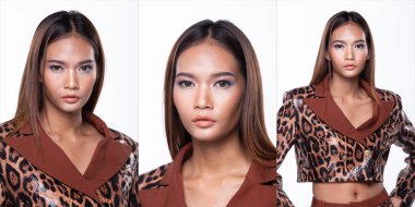 Genç Asyalı kadın teninin portresi. Yüksek moda. Yılan derisi desenli elbise giyiyor. Stüdyo Işıklandırma beyaz arkaplan izole, kolaj grubu paket konsepti