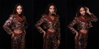 Genç Asyalı kadın teninin portresi. Yüksek moda. Yılan derisi desenli elbise giyiyor. Stüdyo Işıklandırma Kara Arkaplan izole, kolaj grubu konsepti