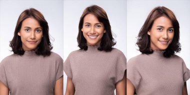 Collage Group Pack of Fashion Young mother 30s indian / Asian Woman black curl short hair beautiful make up purple dress posing attractive many looks smile. Studio Lighting white Background isolated