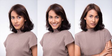 Collage Group Pack of Fashion Young mother 30s indian / Asian Woman black curl short hair beautiful make up purple dress posing attractive many looks smile. Studio Lighting white Background isolated