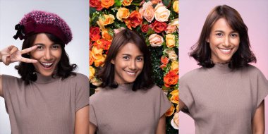 Collage Group Pack of Fashion Young mother 30s indian / Asian Woman black curl short hair beautiful make up purple dress wear hat smile good mood face. Studio Lighting white, flower, pink Background