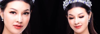 Bayan Güzellik Yarışması Kolaj Grubu 'nun portresi Payet Gece Elbisesi Parlak Elmas Taç, Asyalı Kadın çift bantlı göz kapağı ve güzel gülümsemeli kirpikleri takıyor