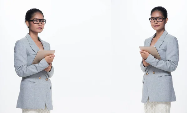 20Er Jahre Asiatische Geschäftsfrau Stehen Formell Ordnungsgemäße Anzug Rock Brille — Stockfoto
