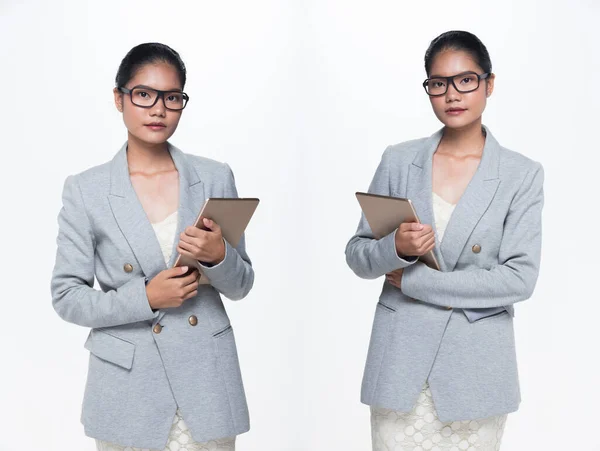 Talet Asian Business Woman Stand Formellt Ordentlig Kostym Kjol Glasögon — Stockfoto